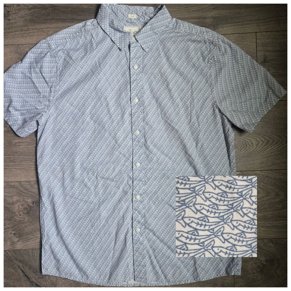 Bixby Nomad Men L Slim Micro Fish Print Cotton Button Up Shirt MGW10322 Blue